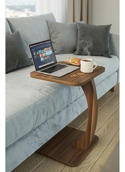 C Shaped Wooden Sofa Side Table for Living Room | Multipurpose Laptop Table for Couch Bed & Recliner | Space Saving Portable End Table | Modern Furniture for Home & Office Use (NB)