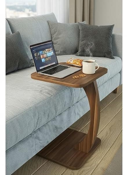 C Shaped Wooden Sofa Side Table for Living Room | Multipurpose Laptop Table for Couch Bed & Recliner | Space Saving Portable End Table | Modern Furniture for Home & Office Use (NB)