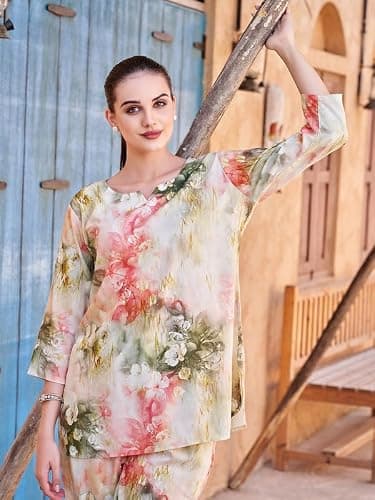 TITTLI Rayon Fabric All Over Printed Round Neck Tunic & Trouser Co-Ord Set for Women | Three-Quarter Sleeves & Elastic Waist Bottom | Casual Wear | L, XL, XXL, 3XL | Co-Ord Set Yellow 2