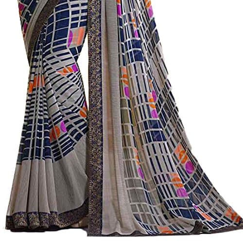 RAJESHWAR FASHION WITH RF Women's Block Printed Georgette Sarees For Women With Jacquard Lace Border & Blouse(A16 ROYAL BLUE_Multicolored_Free Size 6.30 Mtr) 5