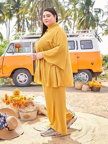 TITTLI Wrinkle Rayon Oversized Shirt & Palazzo Plus Size Co-Ord Set for Women | Relaxed Fit Two Piece Outfit | Casual Wear Outfit | Sizes - XXL, 3XL, 4XL, 5XL, 6XL Mustard 3