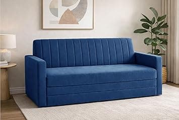 Sofa-Cum-Bed | 3-Seater Convertible Couch with Armrest | Modern Fabric Sofa for Living Room, Bedroom & Office-Blue