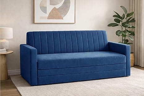 Sofa-Cum-Bed | 3-Seater Convertible Couch with Armrest | Modern Fabric Sofa for Living Room, Bedroom & Office-Blue