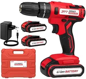 JPT Heavy-Duty 21V Impact Cordless Drill Machine | 28N.M Torque | 0-1350RPM Speed | 25+3 Gears Setting | 2 Speed Modes | Bright LED Light | Forward & Reverse | 1500mAh Battery | Fast Charger