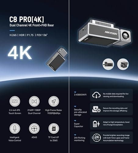 HIKVISION C8Pro 4K Dual Channel Dash Camera for car | ADAS Alerts | 2.45" IPS Display | G-Sensor | Night Vision | Built in Wi-Fi | Voice Control | Supports Up to 256GB. 4