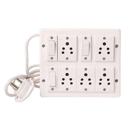 Wooden Electrical Switch Board 5 Sockets and 3 Switch Long Wire Strip (6 Meter Wire)