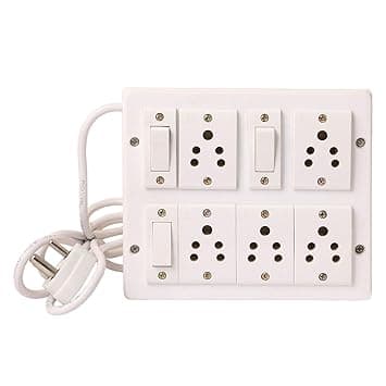 Wooden Electrical Switch Board 5 Sockets and 3 Switch Long Wire Strip (6 Meter Wire)