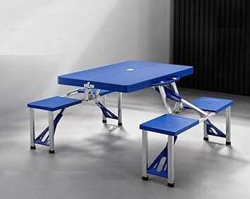 ARUP Plastic Picnic Table Portable Folding Picnic Table with Built-in Seats | Outdoor Camping Table Set for 4, with Umbrella Hole, Blue (Umbrella is not incluted)