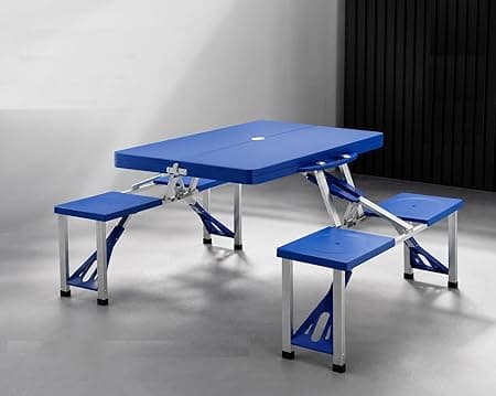 ARUP Plastic Picnic Table Portable Folding Picnic Table with Built-in Seats | Outdoor Camping Table Set for 4, with Umbrella Hole, Blue (Umbrella is not incluted)