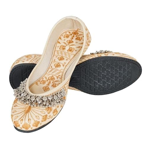 DFR Women Ethnic Rajasthani Embroidery with Payal Punjabi Mojari's Shoe Juti Jutti’s, Color - DarkCream1, UK Size - 8