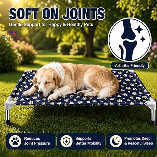 ZEXSAZONE Elevated Dog Bed 70x60x20 cm for Medium Dogs & Cats | Cooling Raised Pet Cot with Anti-Scratch Fabric | Foldable Portable Steel Frame Bed | Breathable Outdoor Indoor Dog Cot (Print Blue) 5