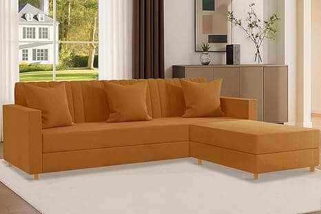Rosebell 3 + 1 Wooden Four Seater - L Shape Convertible Sofa Set for Living Room Furniture, Modular Sectional Couch for Small Space, Upholstery-Velvet Fabric - Golden-Color