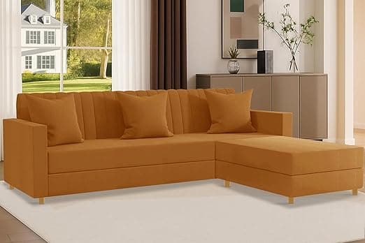 Rosebell 3 + 1 Wooden Four Seater - L Shape Convertible Sofa Set for Living Room Furniture, Modular Sectional Couch for Small Space, Upholstery-Velvet Fabric - Golden-Color