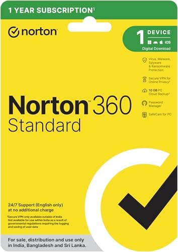 Norton 360 Standard |1 User 1 Year |Includes Advanced AI Scam Protection, Total Security for PC, Mac, Android or iOS | Additionally Includes Password Manager, PC Cloud Back Up, SafeCam for PC