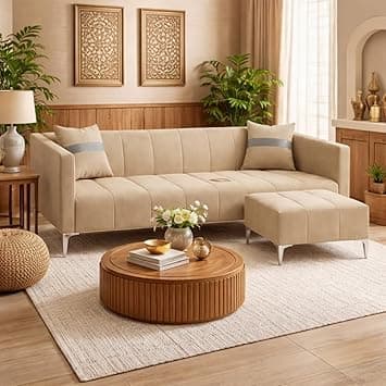 Solomon Luxe Velvet-Suede Fabric 3 Seater Sofa Set with Ottoman | Silver Aesthetic Legs | Comfortable Seating | Modern Sofa for Living Room – Beige