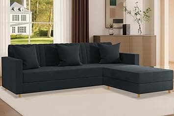Rosebell 3 + 1 Wooden Four Seater L Shape Velvet Sofa Set | Convertible Modular Sectional Couch for Living Room | Modern Convertible Design for Home & Office - Black Color