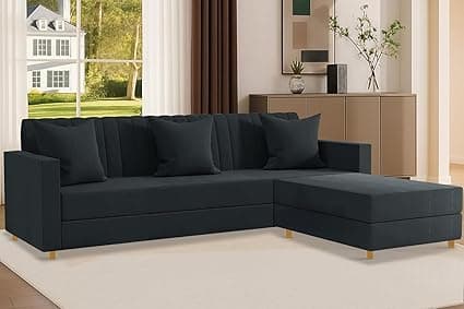 Rosebell 3 + 1 Wooden Four Seater L Shape Velvet Sofa Set | Convertible Modular Sectional Couch for Living Room | Modern Convertible Design for Home & Office - Black Color