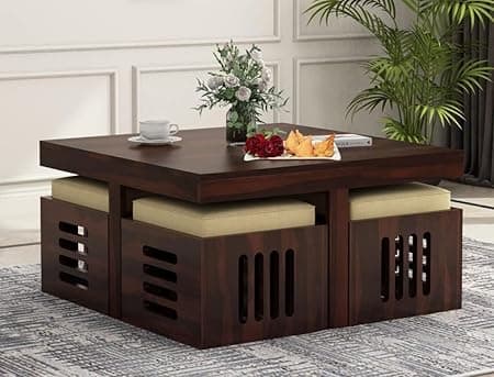 RECTART Solid Sheesham Wood Coffee Table with 4 Stools | Center Table for Living Room with Cushioned Stools | Teapoy for Living Room | Walnut Finish