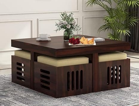 RECTART Solid Sheesham Wood Coffee Table with 4 Stools | Center Table for Living Room with Cushioned Stools | Teapoy for Living Room | Walnut Finish