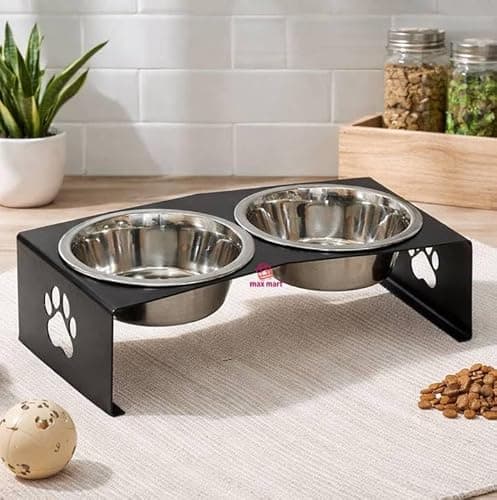 Elevated Dog Bowl Stand with 2 Stainless Steel Bowls | Raised Pet Feeder | Iron Powder Coated Stand with Paw Design | Anti-Slip Feeding Station for Small Dogs & Cats