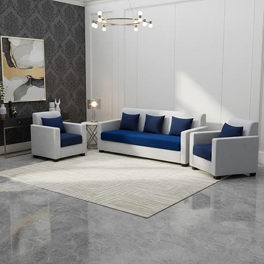 FURNY Lexon 5 Seater Fabric 3+1+1 Sofa Set (Dark Blue-Light Grey) Premium Velvet Finish | Durable & Comfortable | Ideal for Living Room
