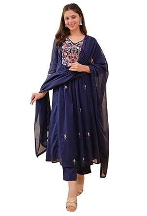 KLOSIA Women Embroidery Solid Anarkali Kurta and Pant Set with Dupatta