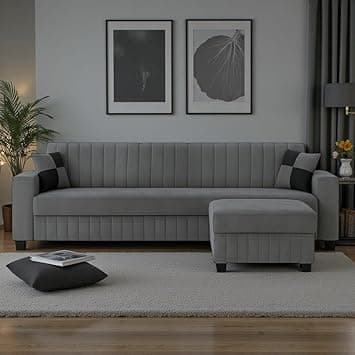 FURNY Gracinta Fabric 4 Seater Convertiable L Shape Sofa Set 3Seater Modern Sofa Set & Ottoman for Living Room (Dark Grey) with Velvet Fabric | Durable Comfort | Modern Design | IDE