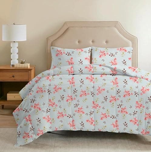 VAS COLLECTIONS 220 GSM Reversible Microfiber AC Comforter/Duvets for Summer | All Season Single Size 3 Layered Quilted Blanket for Single Bed (230 cm x 150 cm, Floral,Floral Aqua and Pink) 5