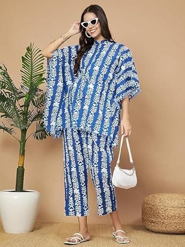 Aaheli Women's Blue & White Cotton Printed Maternity Kaftan Set | Adjustable Waist & Elasticated Pants | Comfort Fit for Pre & Post Pregnancy | Soft Nursing & Lounge Wear | Size XL 4