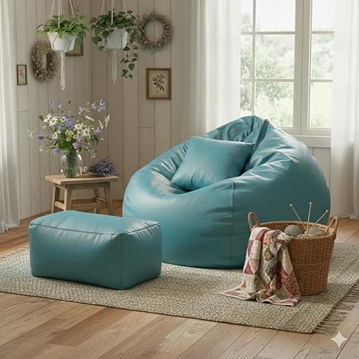 Luxury 5XL Jumbo Bean Bag with Footrest & Cushion | Premium Leatherette | High-Density Beans Filled | Heavy Duty Double Stitch | 6 Months Warranty Color- (Navy Blue) (Aqua)