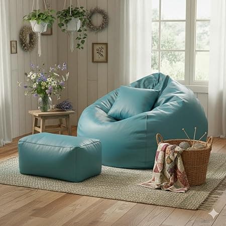 Luxury 5XL Jumbo Bean Bag with Footrest & Cushion | Premium Leatherette | High-Density Beans Filled | Heavy Duty Double Stitch | 6 Months Warranty Color- (Navy Blue) (Aqua)