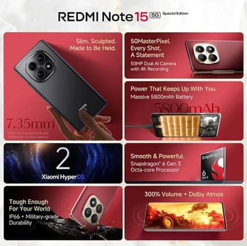 Redmi Note 15 SE 5G Smartphone, Carbon Black, 8GB RAM, 256GB, 5800mAh Battery, IP66 Military Grade 5