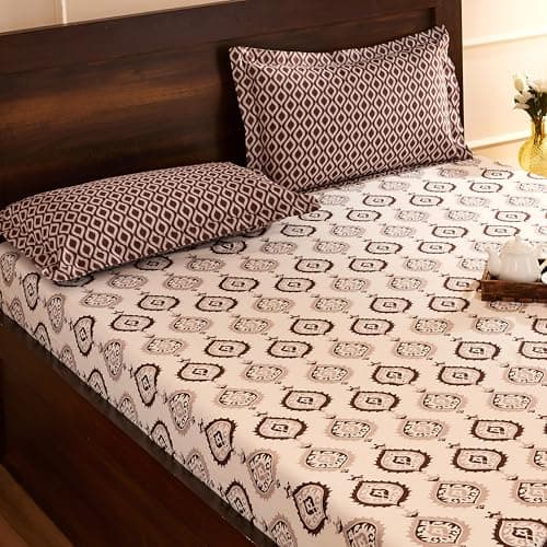 Amazon Brand - Solimo Damask Dreams 144 TC 100% Cotton Double Bedsheet with 2 Pillow Covers, Brown, 144 TC 2