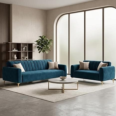 Habibi Rich Velvet Suede 3+2 Seater Sofa Set | Spacious Soft Touch Comfort Seating | 5 Person Seating | Modern Living Room Sofa Set (Green Teal)