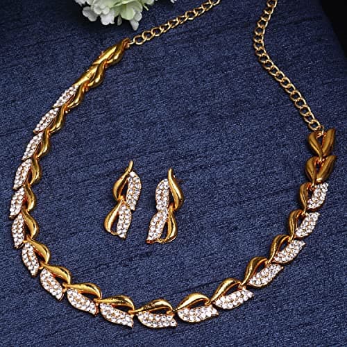 ZENEME Women American Diamond Studded Intrcately Designed Leaf Shaped Necklace With Earring Jewellery Set For Women and Girl (Style 1) 3