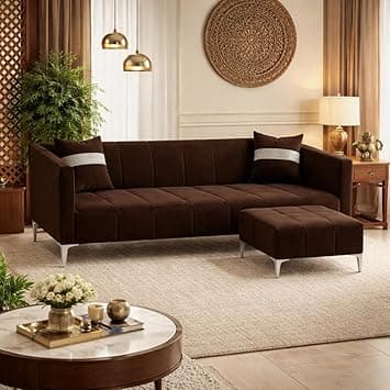Solomon Luxe Velvet-Suede Fabric 3 Seater Sofa Set with Ottoman | Silver Aesthetic Legs | Comfortable Seating | Modern Sofa for Living Room – Dark Brown