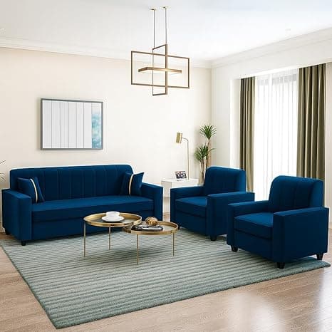 FURNY Cosmos 5 Seater Fabric 3+1+1 Sofa Set (Dark Blue) Premium Velvet Finish | Durable Comfort | Ideal for Living Room