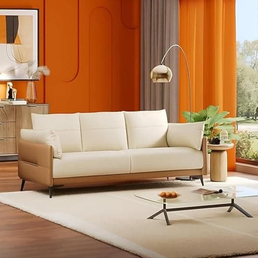 Modern Contemperory Leather Sofa Set Perfect for Living Room Bedroom Guests Home & Office (Brown with Beige, 3 Seater)