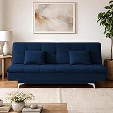 AMATA Eagle Solid Wood 3 Seater Sofa Cum Bed Royal Blue Suede velevt Fabric with Two Cushions Perfect for Home Living Office Room and Guests (Royal Blue 2, Medium)(3 Year Warranty)