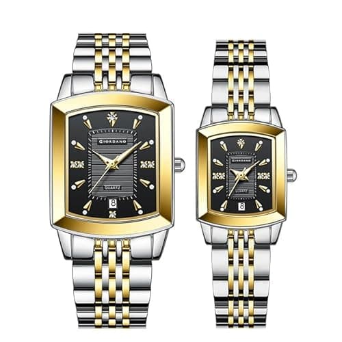 Giordano Analog Pair Watch for Unisex with Square Dial, Crystal Indices, Date Display and Stainless Steel Strap