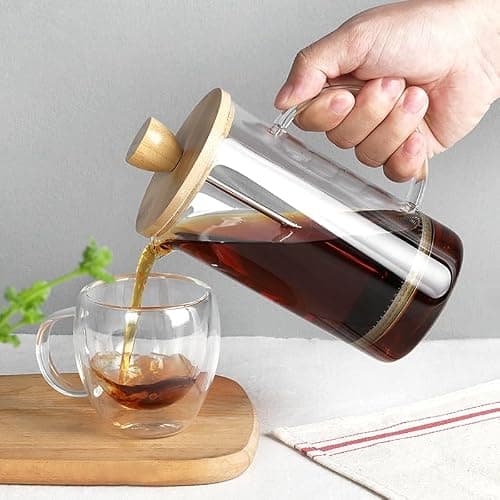 GRILIX 800ml French Press Coffee Maker I Wooden Lid and Cork Base | Premium Heat Resistant Borosilicate Glass I Stainless Steel Filter Mesh [Pack of 1]
