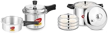 Pigeon Idly Maker 4 Plates Compatible with Induction and Gas Stove & Pigeon By Stovekraft Favourite Aluminium Pressure Cooker Mini Combo with Outer Lid 2, 3 Litre Capacity for Healthy Cooking (Silver)