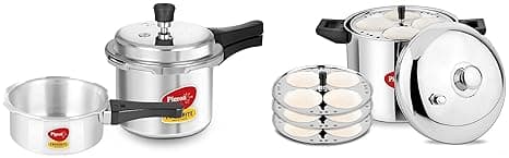 Pigeon Idly Maker 4 Plates Compatible with Induction and Gas Stove & Pigeon By Stovekraft Favourite Aluminium Pressure Cooker Mini Combo with Outer Lid 2, 3 Litre Capacity for Healthy Cooking (Silver)