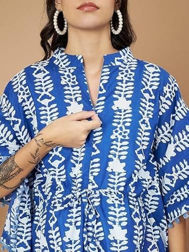 Aaheli Women's Blue & White Cotton Printed Maternity Kaftan Set | Adjustable Waist & Elasticated Pants | Comfort Fit for Pre & Post Pregnancy | Soft Nursing & Lounge Wear | Size XL 3