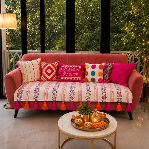 Throwpillow Phool Rangoli Festive Floral 5 Seater Waterproof Sofa Cover with Tassels for Living Room|3 Seater & 2 Seater Wooden Sofa Throw|6 Pc Set(3+2):2 Seat Covers & 4 Armrest Covers|Sofa Throw