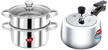 Pigeon Cooking Pro | Pressure Cooker (3L, Small Family) + Steamer (4.6L, Multi-Purpose) | Induction Base | for Daily Cooking | Silver | ISI/BIS Certified