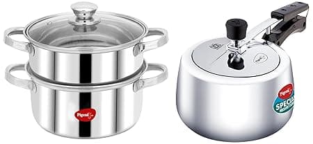 Pigeon Cooking Pro | Pressure Cooker (3L, Small Family) + Steamer (4.6L, Multi-Purpose) | Induction Base | for Daily Cooking | Silver | ISI/BIS Certified