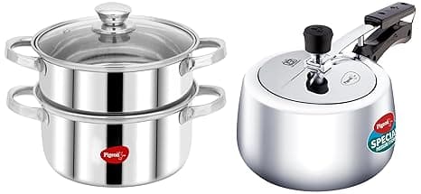 Pigeon Cooking Pro | Pressure Cooker (3L, Small Family) + Steamer (4.6L, Multi-Purpose) | Induction Base | for Daily Cooking | Silver | ISI/BIS Certified