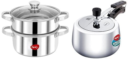 Pigeon Cooking Pro | Pressure Cooker (3L, Small Family) + Steamer (4.6L, Multi-Purpose) | Induction Base | for Daily Cooking | Silver | ISI/BIS Certified