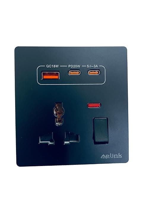 PD20W Wall Socket Type C & QC18W 3 A USB Wall Socket Wall Charger with Universal socket with switch control USB Charger for Home and Office,WITH BACK BOX(BLACK)